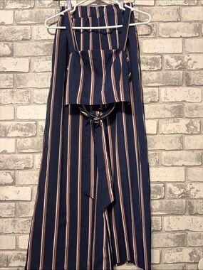Striped Navy Wide-Leg Two Piece Jumpsuit with Tie Front